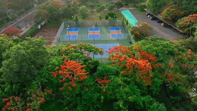 Outdoor Pickleball Courts. Sweeping views in motion of empty pickleball courts. Moving forward across several courts in a row. Public city park setting with cloudy blue Summer sky.