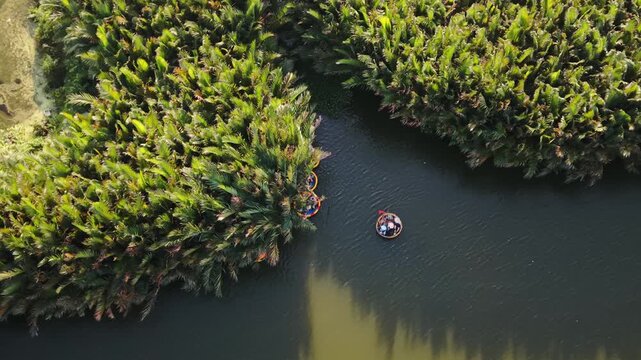 Couple Paddling Through Peaceful Waters. Asian Couple Enjoying Tranquil Mangrove Journey. Serene Aerial Perspective Of Two Travelers Navigating Peaceful Mangrove Waterway During Sunset