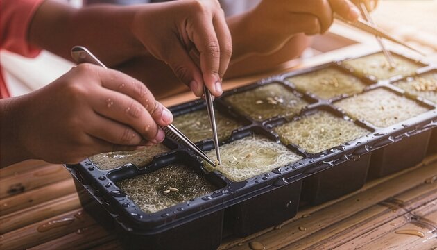 Children's hands planting vegetable seeds in rockwool for hydroponics