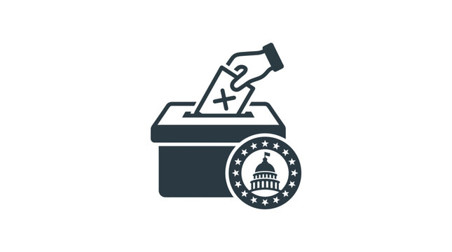Hand voting ballot in election box with government building icon