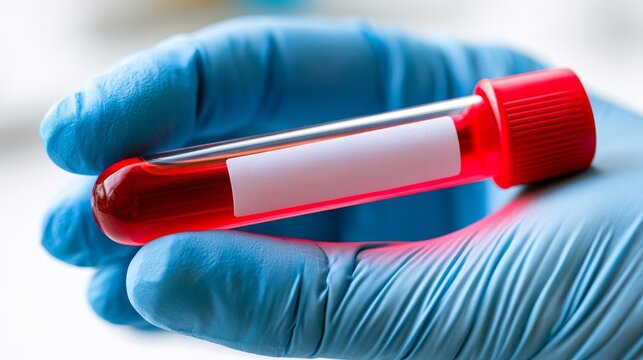 Gloved Hand Holding Blood Sample Test Tube for Medical Analysis