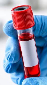 Gloved Hand Holding Blood Sample in Test Tube for Medical Analysis