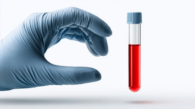 Gloved Hand and Floating Blood Sample Test Tube in a Sterile Lab Environment