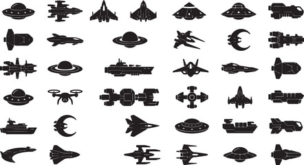Collection of scifi spaceship icons in black silhouettes © Sumon90cs