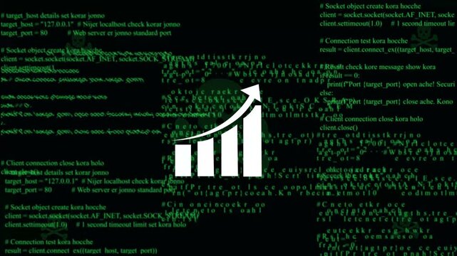 White growing business bar chart graph icon vector over abstract green computer matrix digital code background for financial analytics concept
