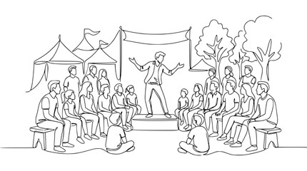 Obraz premium Outdoor performance: speaker on stage entertains crowd in park, festival tents in background