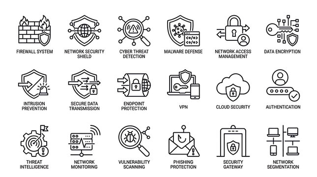 Network security icons represent comprehensive digital defense mechanisms including threat detection, endpoint protection, and secure data transmission protocols.
