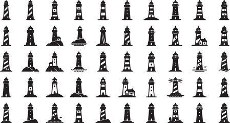 Collection of Various Lighthouses Silhouettes for Navigation and Maritime Themes © Sumon90cs