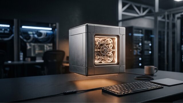Minimalist titanium operational cube with internal amber glow on dark desk