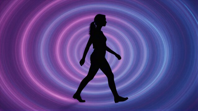 Silhouette of a girl walking through swirling purple and blue light trails.