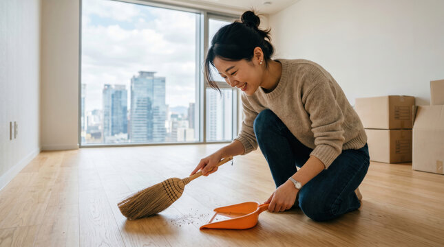 A woman sweeping the floor with a broom in her new house