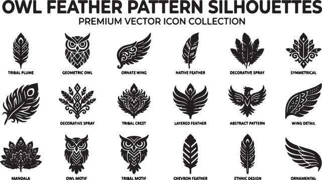 Owl Feather Pattern Silhouettes Collection of Various Designs