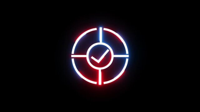 Neon check mark symbol glowing inside circular target frame against black background.