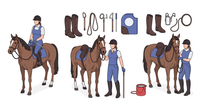 Equestrian craftsmen meticulously preparing saddles and horses for riding in a workshop