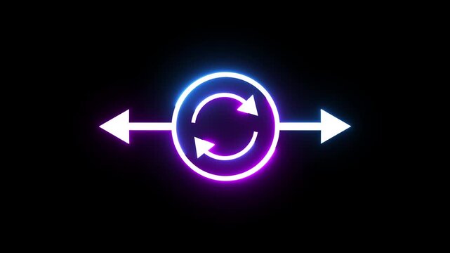 Neon glowing sync symbol with bidirectional horizontal arrows in continuous motion.