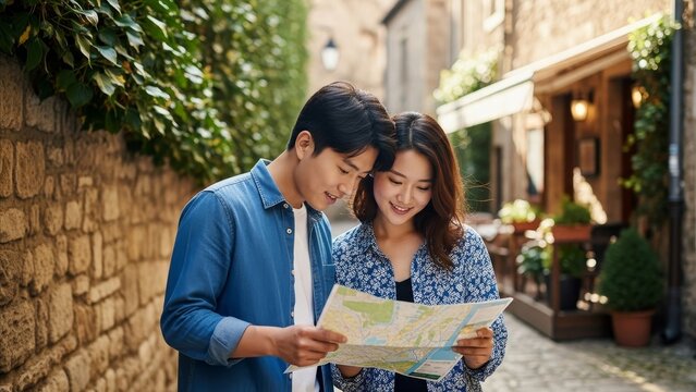 Travel - Young Asian Couple Reading Paper Map Together on Charming European Cobblestone Alley Sunny Day