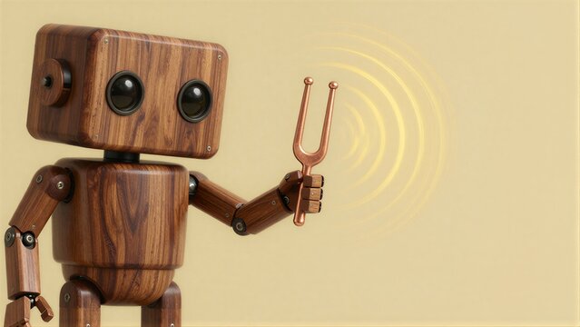Wooden robot holds tuning fork, emitting sound waves against warm beige background.