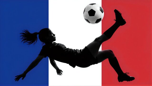 Silhouette of a French soccer player kicking ball against national flag backdrop.