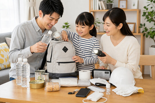 Japanese family packing an emergency disaster preparedness backpack together at home,家族で防災用の非常持ち出し袋を準備する様子