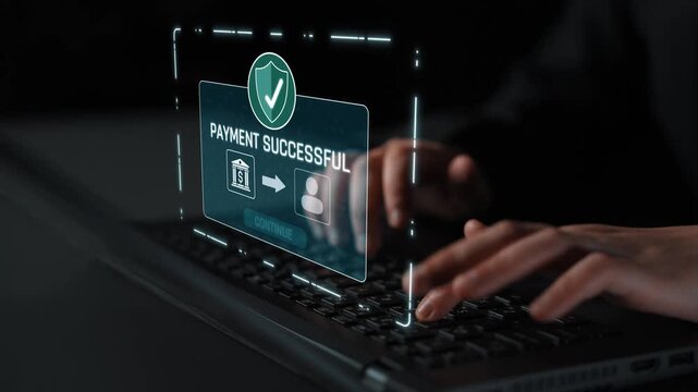 Successful transaction message showing secure payment. Payment confirmed, secured, payment processed, and payment completed with trust and transaction integrity. Marrow