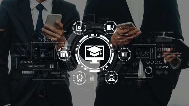 Professionals Engaged in Digital Learning with Technology Devices and Educational Icons Displayed in a Modern Business Setting. Entropy.