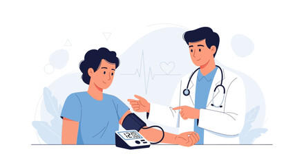 Fototapeta premium Doctor taking patient's blood pressure with digital monitor, medical checkup, healthcare concept