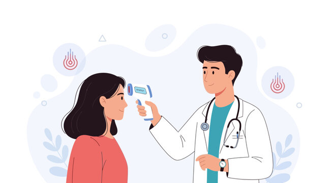 Doctor taking patient's temperature with non-contact infrared thermometer during health screening