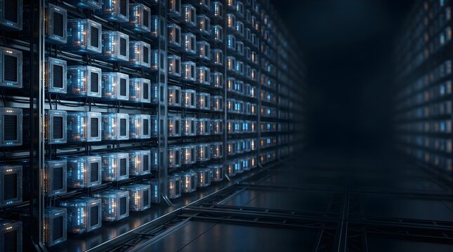 Futuristic data center server room with glowing lights and empty space