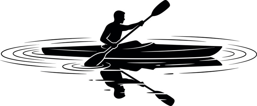 Kayaking silhouette black vector illustration of paddler in boat on water