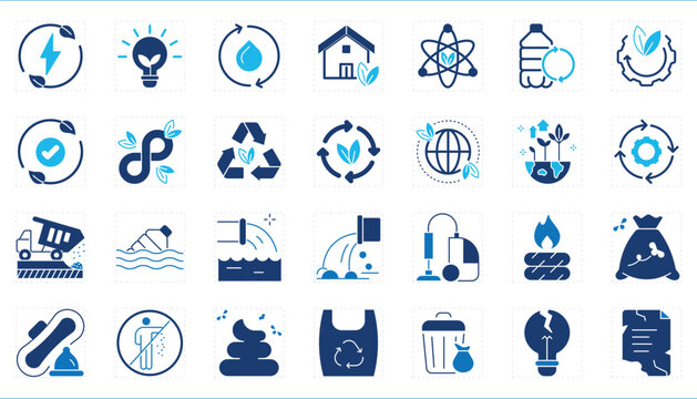 A set of icons related to Waste management. Waste, recycle, ESG, dump, green, environment, conservation, and so on.