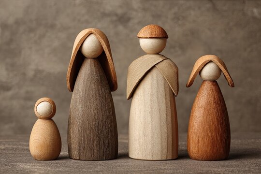 Minimalist Abstract Family Arrangement of Wooden Figures on a Textured Surface, Representing Unity and Connection