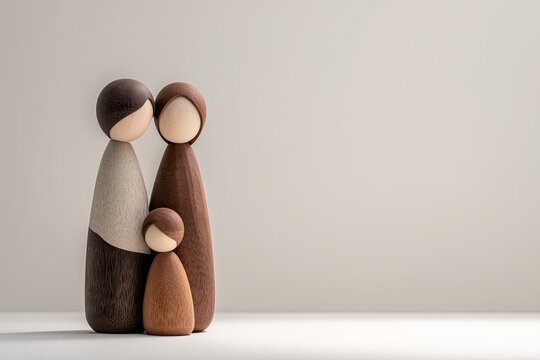 Minimalist wooden family figures standing together, a warm and abstract representation of unity and connection.
