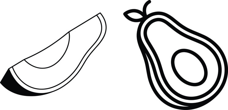 Fresh Avocado Slice and Halved Fruit Minimalist Line Icon Set Featuring Organic Food Elements for Healthy Recipes and Grocery Product Packaging Designs