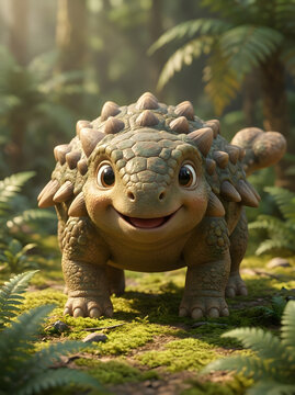 An adorable, happy baby ankylosaurus with a charming smile stands proudly in a vibrant, sun-dappled prehistoric forest, surrounded by lush green ferns and moss, creating a heartwarming scene