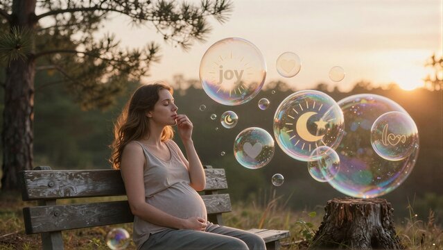Pregnant woman sits on bench, blowing bubbles filled with joy and calmness at sunset.