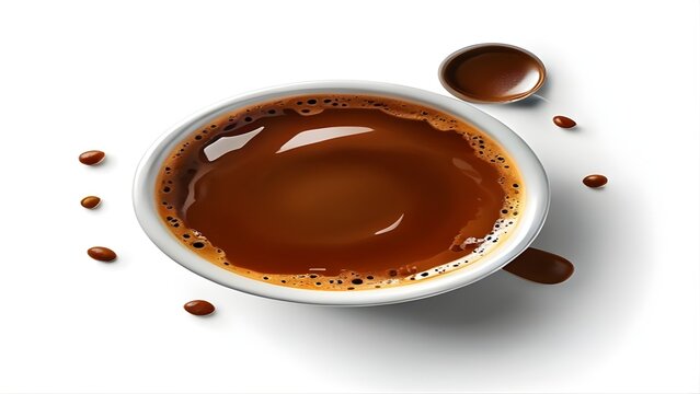 Isolated cup of black coffee with scattered roasted coffee beans for morning breakfast, caffeine beverage energy boost