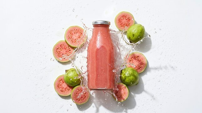 Fresh and Colorful Guava Juice Surrounded by Sliced Guavas and Limes in Splashing Water