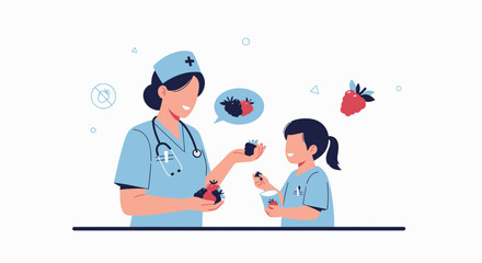 Fototapeta premium Nurse teaching child about healthy eating with berries, vector illustration