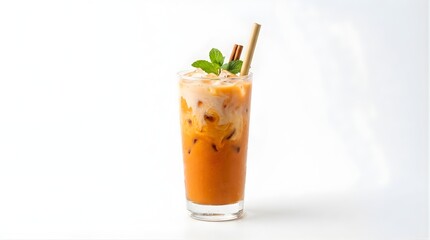 Fototapeta premium Isolated glass of iced Thai tea with milk and cinnamon stick, refreshing summer beverage, culinary photography for cafe menu