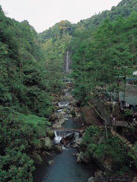 High angle view of Curug Cigamea waterfall inside Halimun Salak National Park