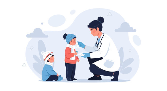 Pediatrician examines children wearing winter clothes, vector illustration for healthcare and medical concepts.