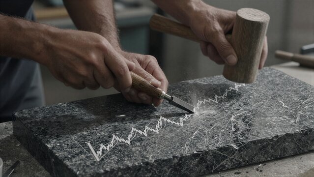 Stone carver meticulously chisels intricate patterns into dark granite slab with hammer and chisel.