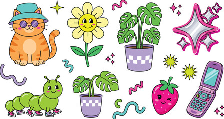 Retro Y2K cartoon character sticker set. Cute cat with sunglasses, smiling flower, caterpillar wearing sneakers, monstera potted plants, strawberry and pink flip phone. © airin