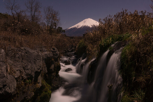 芝川の滝と冠雪の富士山