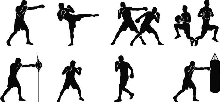 Boxing Training and Martial Arts Silhouette Collection with Combat Fitness Exercises