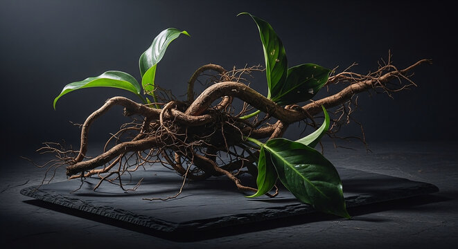 Butea superba roots displayed on a dark slate background to represent traditional botanical medicine and natural herbal health supplements in a studio setting