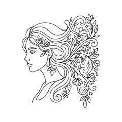 Fototapeta premium Minimalist Line Art Illustration of a Woman with Long Hair and Botanical Flowers and Leaves