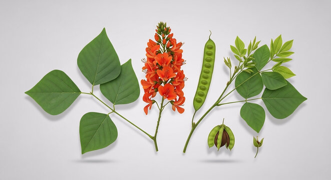 Butea superba plant parts including green trifoliate leaves, bright orange flower spikes, seed pod, and fruit displayed flat on a plain background