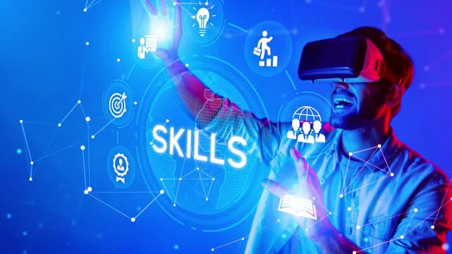 Young Man Engaged in Virtual Reality Experience with Skill Icons and Data Visualizations in a Vibrant Blue Environment. Entropy.