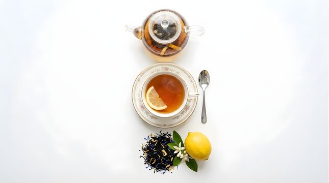 Top down view of tea cup with lemon slice and teapot, healthy beverage, refreshing drink, morning tea ritual, calm lifestyle
